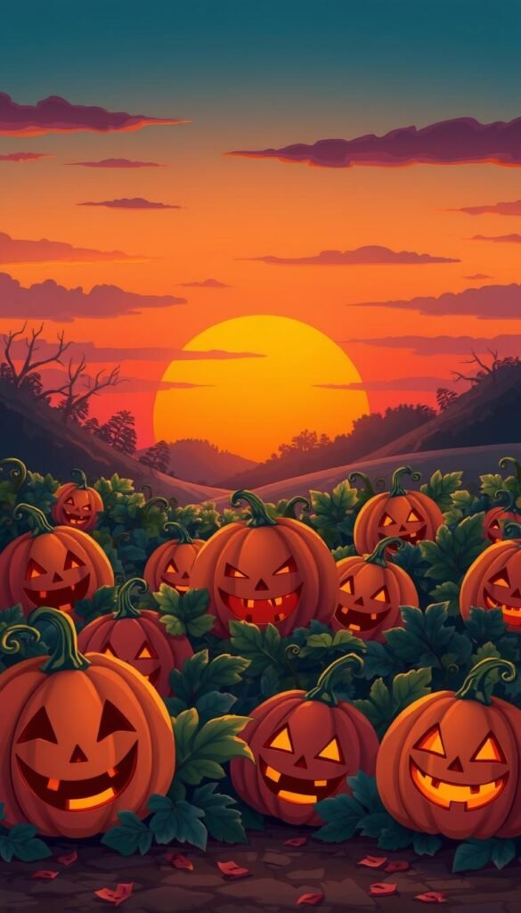 Generate an image of a serene pumpkin patch at sunset with a few pumpkins carved with friendly faces.