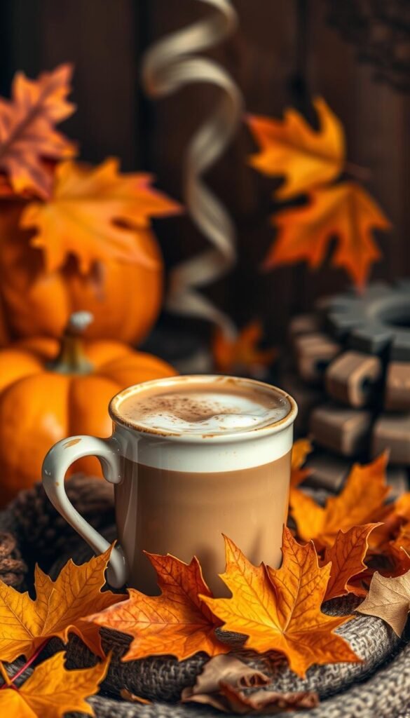 Generate an image of a steaming mug of pumpkin spice latte on a cozy autumn background.