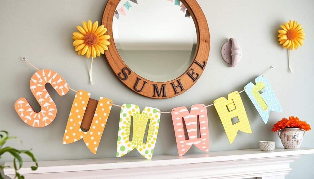 Generate an image of a summer letter banner hanging on a wall or across a mantel.