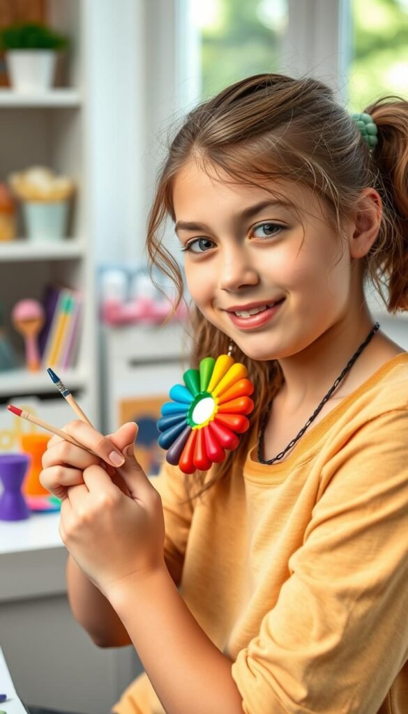 Generate an image of a teen making a color wheel necklace using air-dry clay and paint.