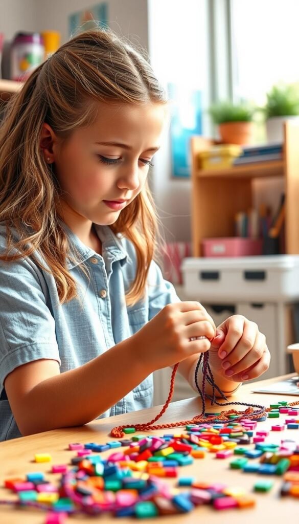 Generate an image of a teen making a friendship bracelet with letter beads.