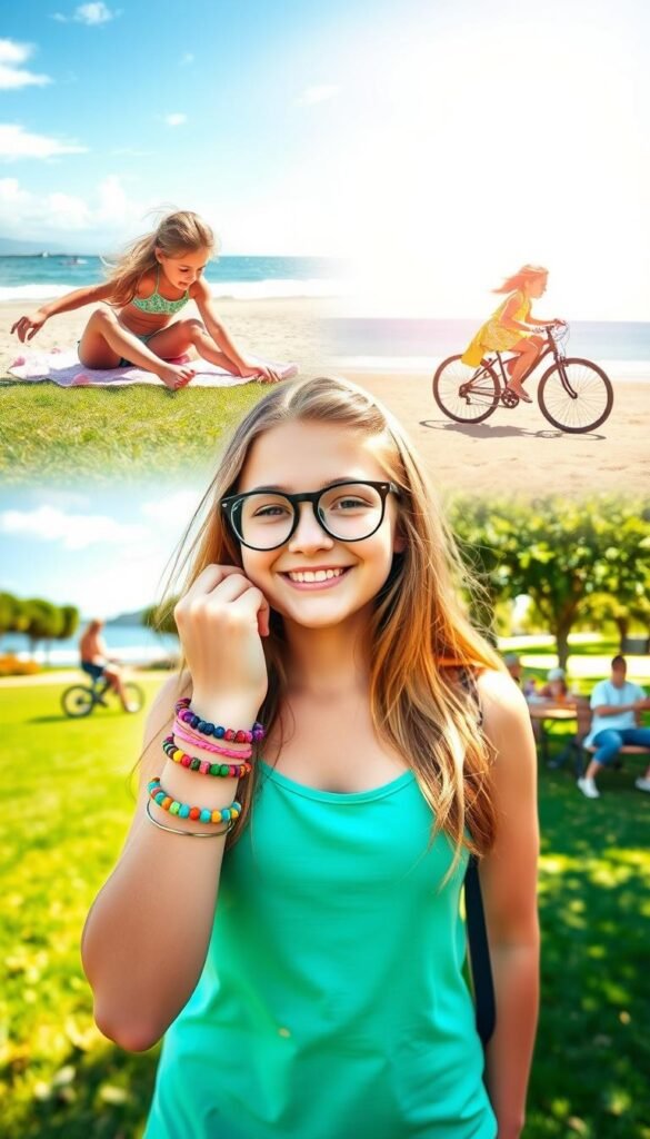 Generate an image of a teen wearing a clay bead bracelet while engaging in summer activities.