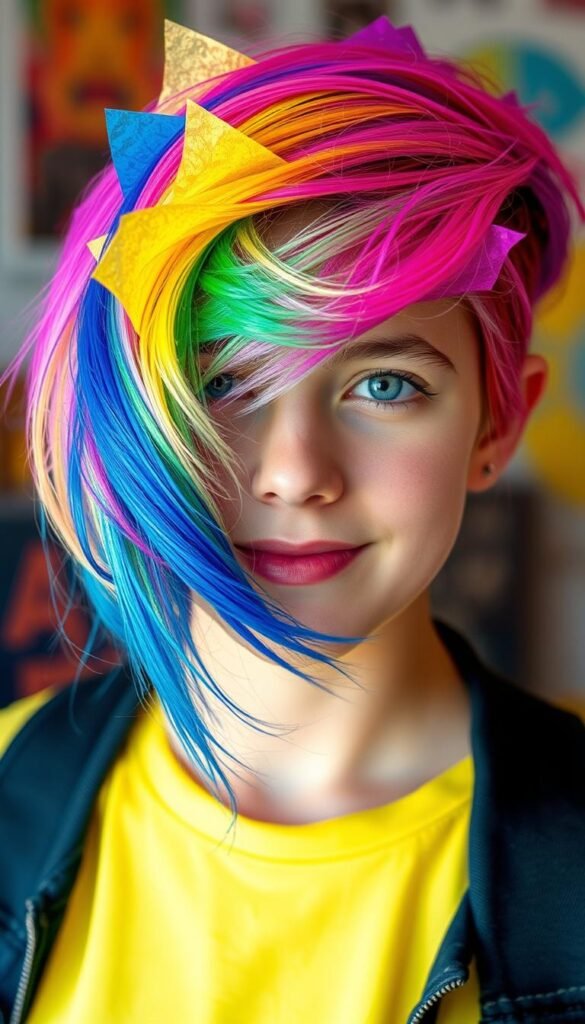 Generate an image of a teen with Ombre hair colored using tissue paper.