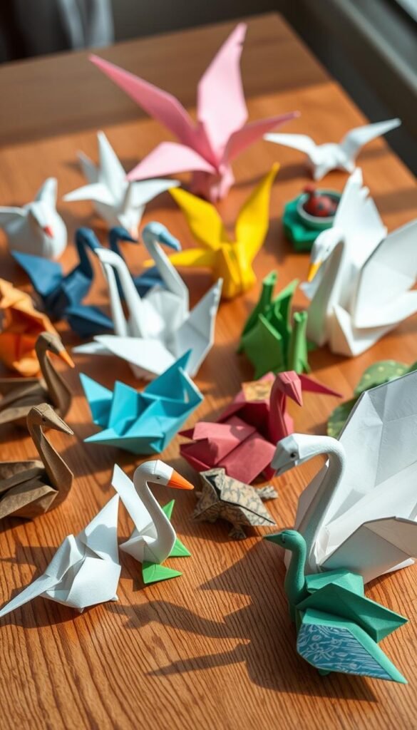 Generate an image of a variety of origami animals, including birds, frogs, and swans, arranged on a table.