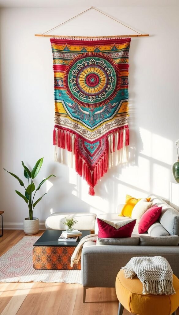 Generate an image of a vibrant textile wall hanging in a modern living room.