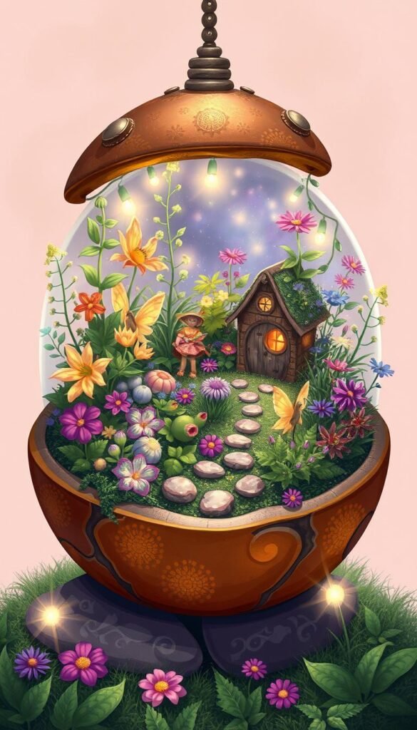 Generate an image of a whimsical fairy garden in a unique container.