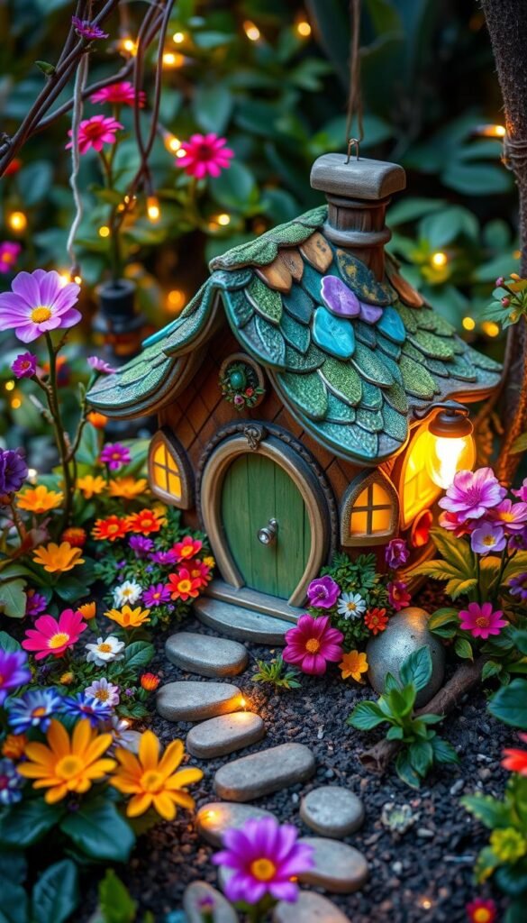 Generate an image of a whimsical fairy house in a garden setting.