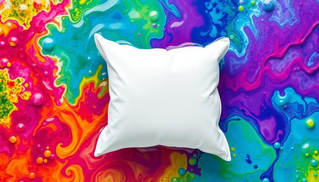 Generate an image of a white pillow cover being dipped into a colorful water mixture.