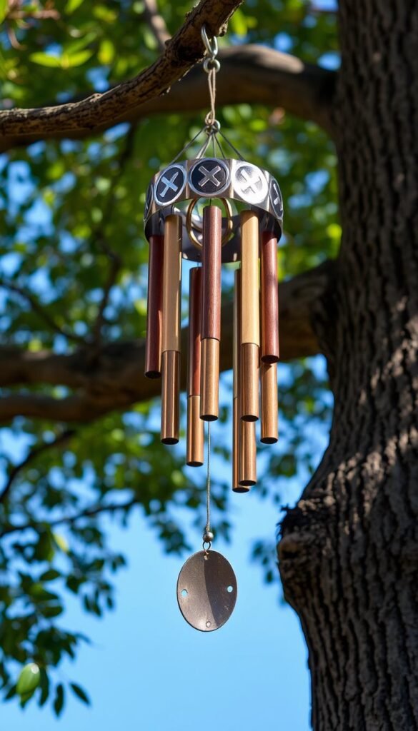 Generate an image of a wind chime made from metal and wood, hung from a tree branch.