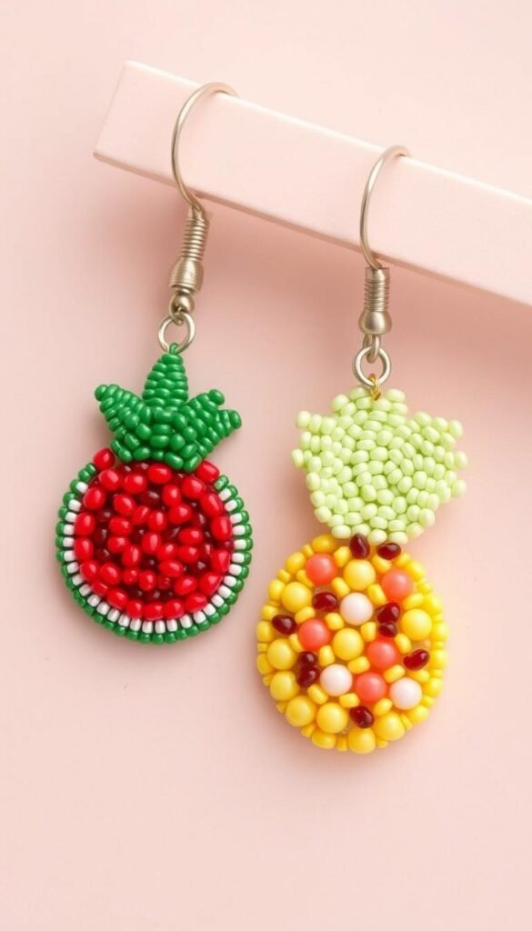 Generate an image of beaded fruit earrings in the shapes of summer fruits like watermelons and pineapples.