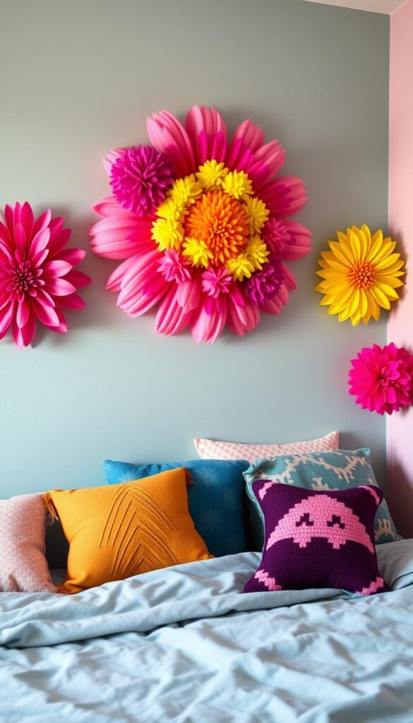 Generate an image of pom pom daisy wall art in a teen's bedroom