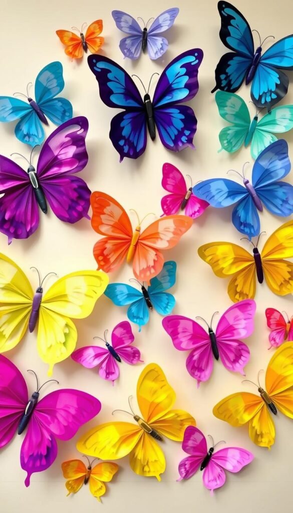 Generate an image of tissue paper butterfly wall art in different colors