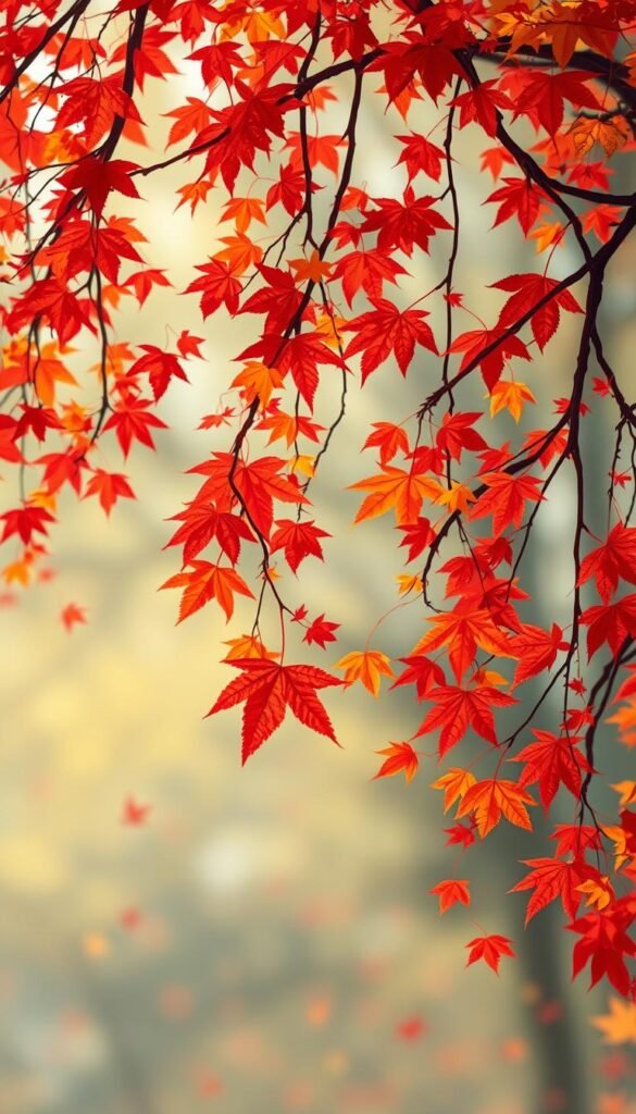Generate an image of vibrant falling leaves with a mix of red, orange, and yellow colors.
