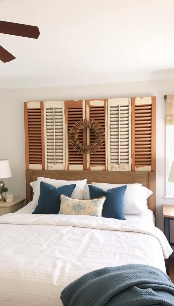 Generate an image of vintage shutters arranged as a headboard in a farmhouse-style bedroom.