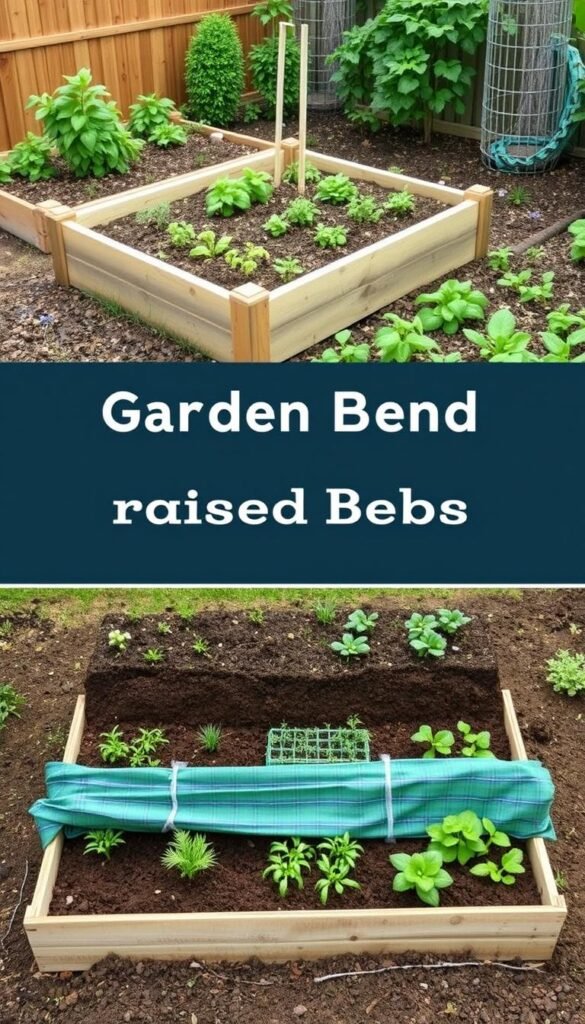 Generate an image showing the difference between a raised bed and a traditional garden bed.