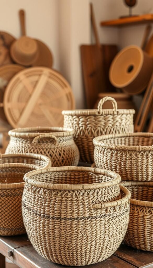 Handmade paper woven baskets in a warm, well-lit studio setting. Intricate patterns of natural fibers and textures, with a focus on the artisanal craftsmanship. Baskets of varying sizes and shapes, some with decorative elements, arranged on a wooden table or shelf. Soft, directional lighting highlighting the organic surfaces and casting gentle shadows. Shallow depth of field to emphasize the basket details. Muted, earthy color palette complementing the handmade aesthetic. Convey a sense of rustic elegance and the human touch in these functional storage solutions.