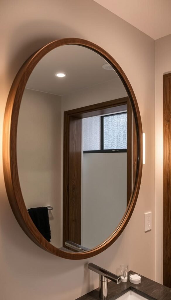 Illustrate a custom-framed mirror with a wooden frame in a bathroom setting.