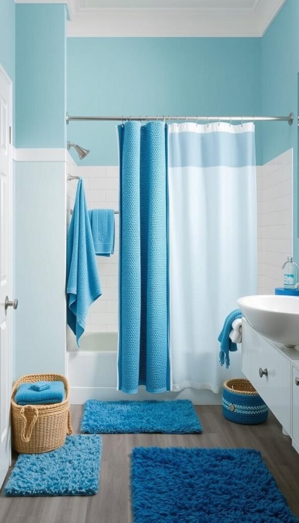 Image of a bathroom with coordinated textiles, including towels, rugs, and shower curtains in different shades of blue.