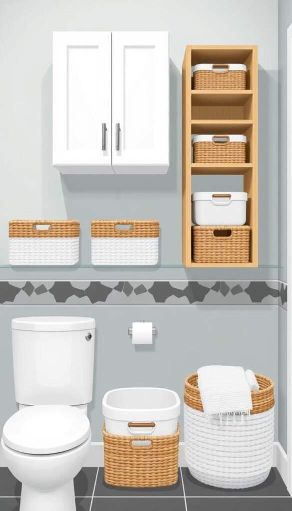 Image of a bathroom with decorative storage baskets and a wall-mounted cabinet.