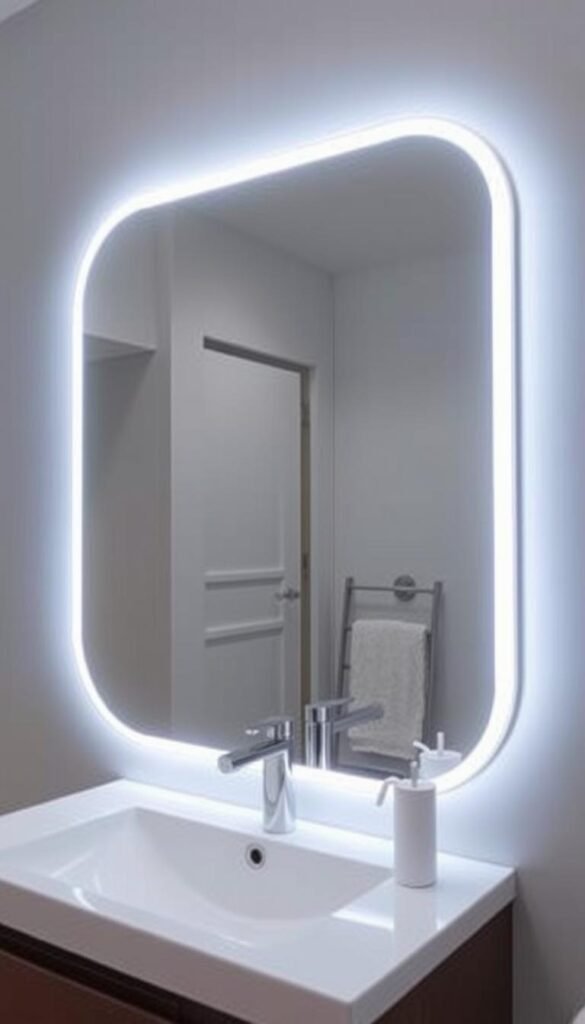 Image of a bathroom with modern LED strip lighting around the mirror.