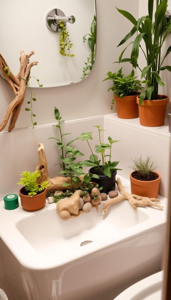 Image of a bathroom with small plants and natural elements like driftwood and stones