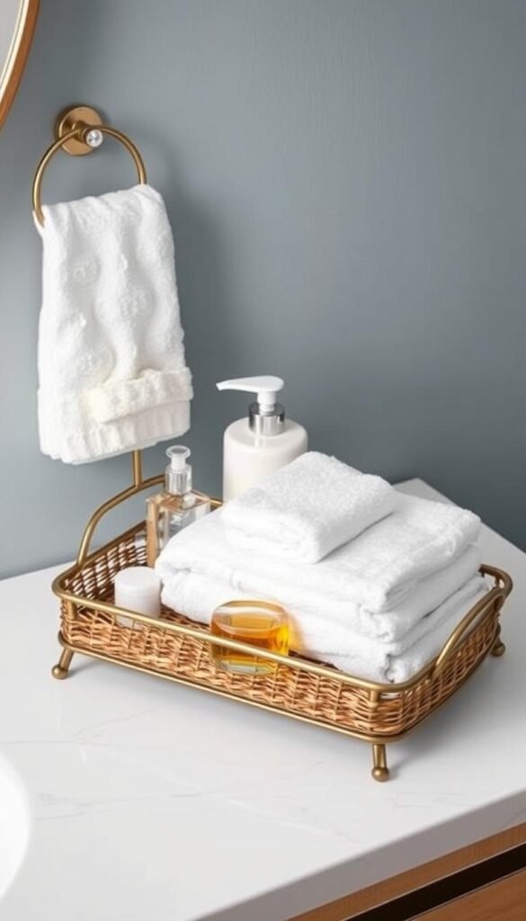Image of a decorative tray made of wicker or metal, holding bathroom essentials