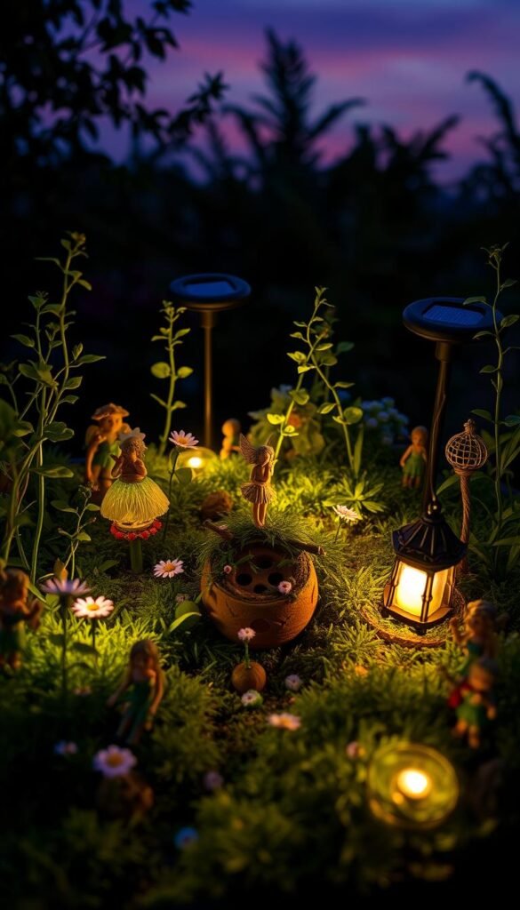 Image of a fairy garden with solar-powered lights