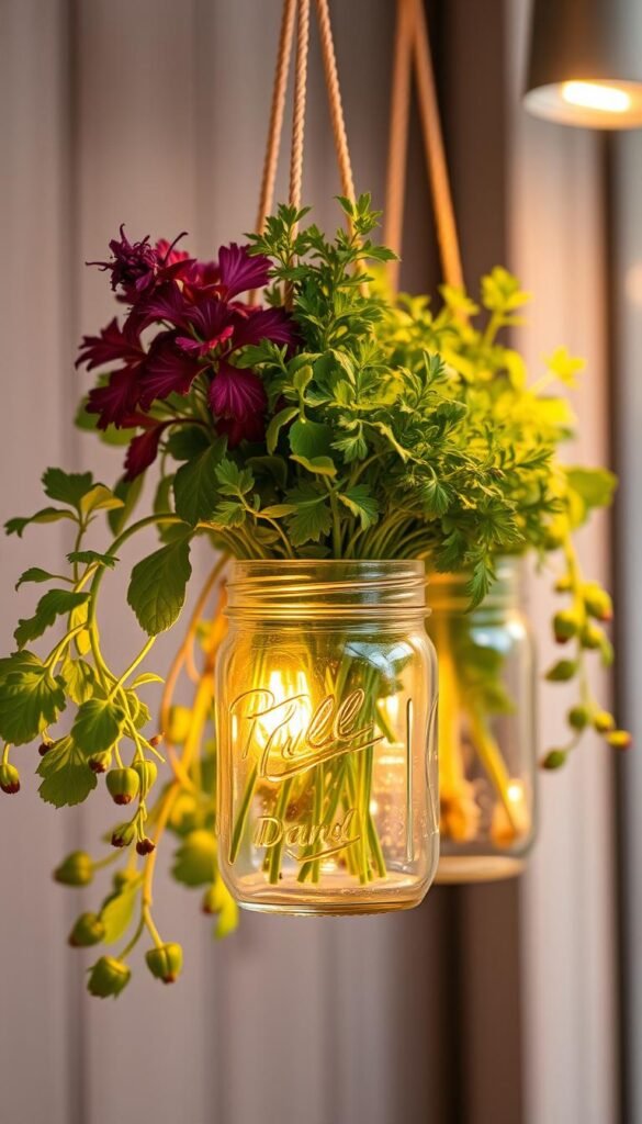 Image of a hanging mason jar herb garden