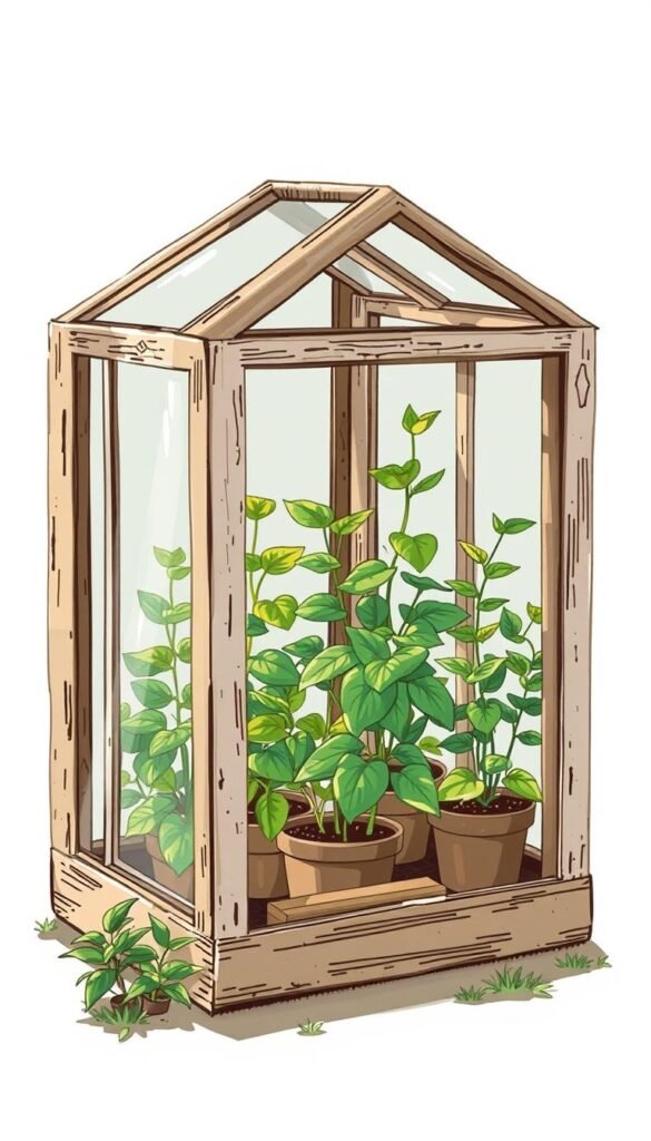 Image of a mini greenhouse made from old windows with plants inside