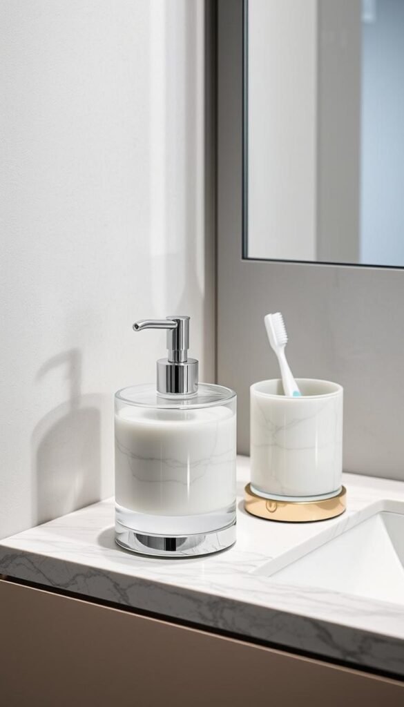 Image of a stylish soap dispenser and toothbrush holder made of glass or marble