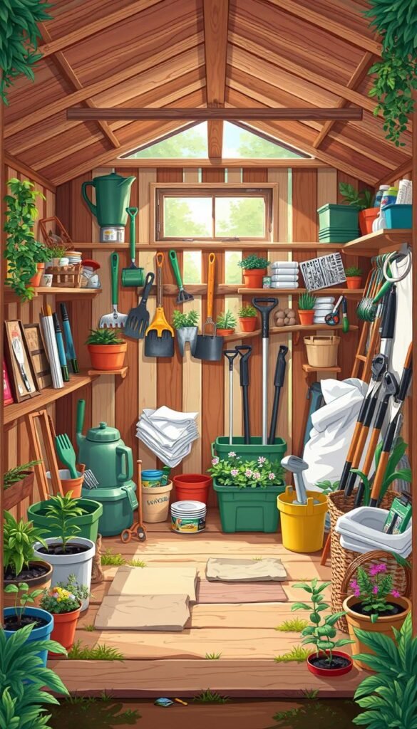 Image of a well-organized garden shed with various tools and materials