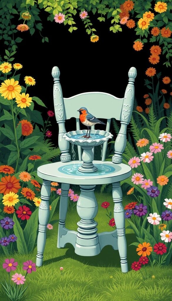 Image of an old chair being used as a base for a birdbath