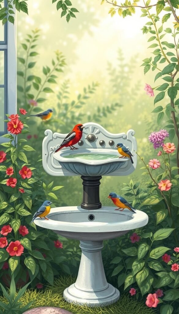 Image of an old sink being transformed into a birdbath