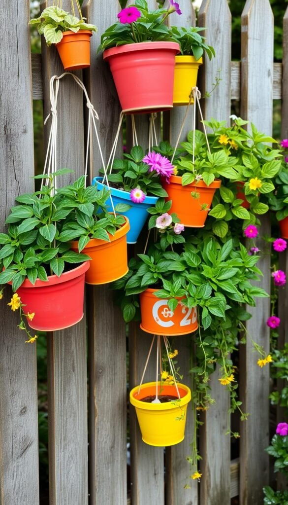 Image of pots attached to a fence with lush plants