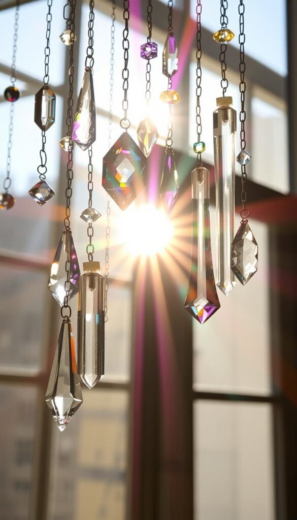 Intricate crystal suncatchers suspended in a sunlit window, casting mesmerizing rainbow refractions across the room. The foreground features an array of precisely cut quartz, amethyst, and citrine crystals in various shapes and sizes, delicately hanging from fine chains. The middle ground showcases the interplay of light and shadow, as the sun's rays filter through the crystals, illuminating the space with a kaleidoscope of colors. In the background, a soft, hazy atmosphere heightens the sense of tranquility and wonder. Crisp, high-resolution photography with a shallow depth of field highlights the stunning clarity and natural beauty of these captivating crystal suncatchers.