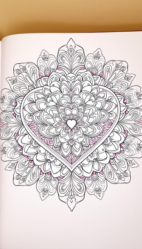 Intricate heart-shaped mandala patterns dance across the page, adorned with delicate flourishes and swirling motifs. The design is rendered in a soft, pastel color palette, with hints of pink, lavender, and mint green creating a soothing, romantic atmosphere. The lighting is gentle, creating a sense of warmth and tranquility, while the focus remains sharp and crisp, allowing the intricate details to shine. The composition is centered, with the heart motif taking up the majority of the frame, creating a visually striking and captivating image that perfectly captures the essence of a "heart coloring page" for adults.