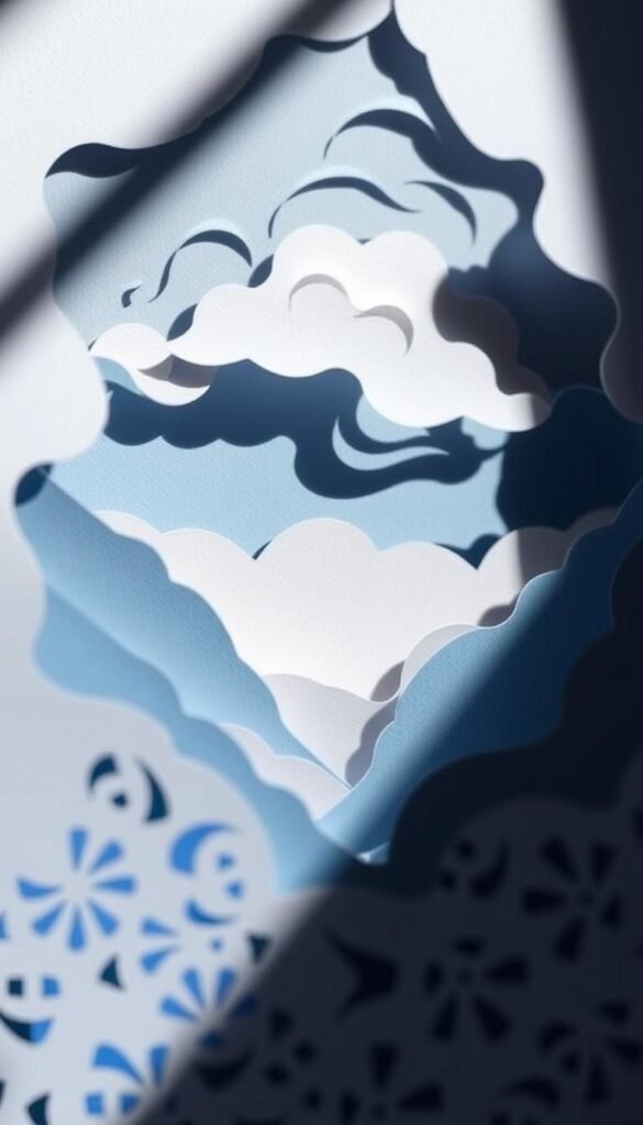 Intricate paper art in a layered kirigami composition. Delicate cutouts in shades of blue, gray, and white creating a visually striking three-dimensional effect. The foreground features sharp, angular patterns that draw the eye inward, leading to a softer, more organic middle layer. In the background, wispy, cloud-like forms add depth and a sense of ethereal lightness. Dramatic side lighting casts dramatic shadows, emphasizing the depth and texture of the paper surfaces. Captured at a high angle to showcase the dynamic interplay of positive and negative space. An elegant, tranquil mood that evokes the meditative, tactile nature of this unique art form.