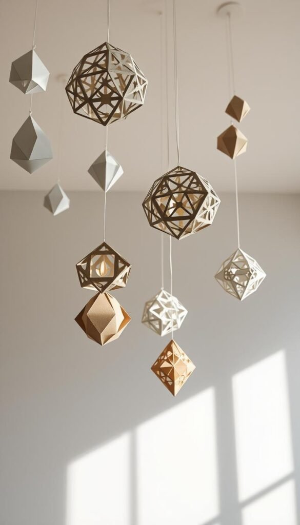 Intricate paper craft hanging mobiles, delicately suspended from the ceiling, casting gentle shadows and creating a tranquil, whimsical ambiance. Intricate geometric shapes, folded and arranged in a harmonious composition, gently swaying in a natural, soft lighting. The mobiles are crafted with meticulous precision, showcasing the art of paper folding and layering. The scene is captured with a wide-angle lens, providing a comprehensive view of the hanging installation, set against a plain, minimalist background to emphasize the crafted elements. The overall mood is one of subdued elegance and creativity, inviting the viewer to appreciate the tactile, handmade nature of the paper creations.