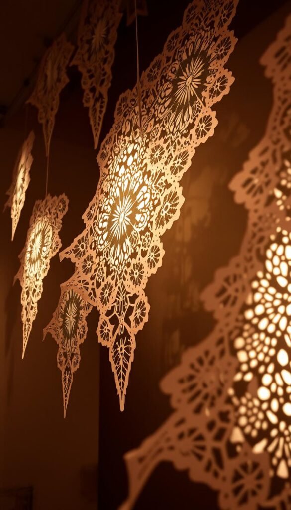 Intricate paper cut wall hangings, delicate lace-like patterns cascading across a dimly lit room. Soft shadows and highlights accentuate the intricate folds and intricate designs, creating a captivating play of light and shadow. The paper sculptures seem to almost float, suspended in mid-air, their ethereal presence commanding attention. Subtle warm tones and a sense of tranquility permeate the scene, inviting the viewer to appreciate the meticulous craftsmanship and attention to detail. A serene, contemplative atmosphere where the delicate paper art takes center stage.