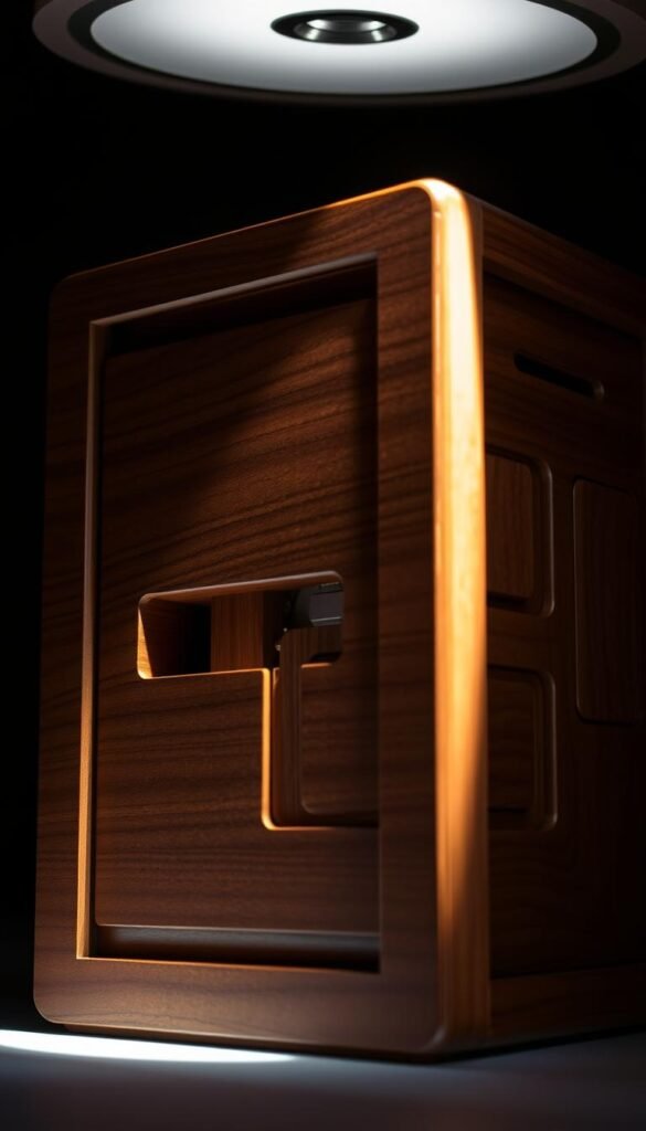 Intricate wooden puzzle box with a sleek, modern design. Polished surfaces in warm brown tones, with clean geometric patterns and subtle, recessed accents. Dramatic lighting from above, casting dramatic shadows and highlights, emphasizing the depth and texture of the crafted design. The puzzle mechanism is partially visible, hinting at the satisfying challenge of unlocking its secrets. A sense of mystery and tactile allure, inviting the viewer to interact and uncover the box's hidden complexity.