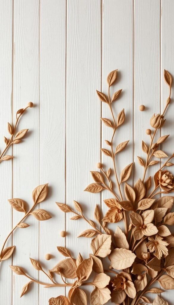 Lush botanical wall art crafted from air-dried clay, featuring intricate leaf and floral motifs arranged in a harmonious, nature-inspired composition. The foreground displays delicate, textured clay elements in earthy hues, meticulously sculpted to capture the organic essence of plant life. The middle ground showcases a minimalist, whitewashed wooden backdrop that complements the clay forms, creating a soothing, serene atmosphere. Soft, diffused lighting gently illuminates the piece, emphasizing the tactile quality of the medium and evoking a sense of tranquility. The overall aesthetic is both rustic and refined, perfectly suited to adorn a bare wall and bring a touch of natural beauty to any interior space.