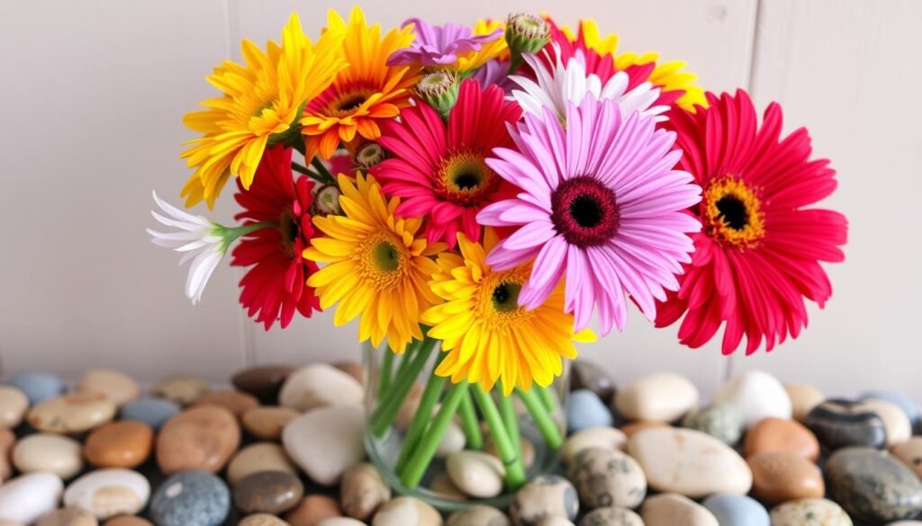 Mason jar filled with colorful summer flowers and decorative stones