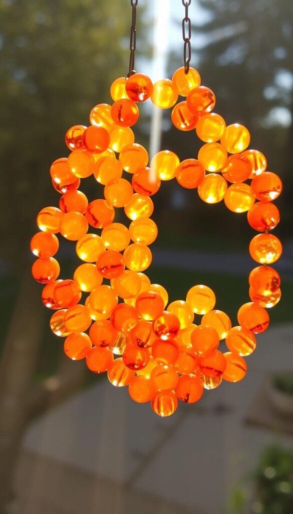 Melted beads arranged in a intricate, organic pattern, glowing with warm translucent hues. Sunlight streams through the bead arrangement, casting delicate shadows and refracting light in mesmerizing ways. The beads appear to have been carefully and artistically fused together, creating a captivating sun catcher display. The composition is balanced, with the beads clustered in an eye-catching yet harmonious design. The scene is bathed in a soft, natural lighting that enhances the ethereal quality of the melted beads. A sense of whimsy and creativity pervades the image, inviting the viewer to appreciate the beauty of this unique DIY project.