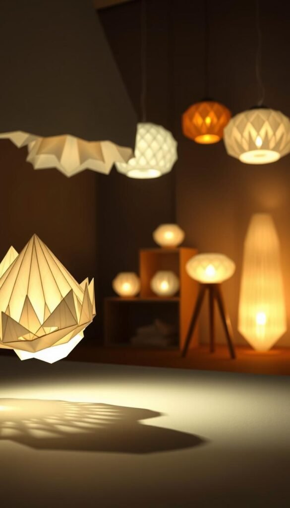 Origami lampshade transformations, a mesmerizing interplay of light and paper. In the foreground, a delicate paper structure unfolds, its intricate folds casting playful shadows across the surface. The middle ground showcases a variety of origami lamps, each one a unique work of art, their luminous glow illuminating the space with a warm, inviting ambiance. In the background, a minimalist, dimly lit room sets the stage, allowing the origami creations to take center stage. The scene is captured with a soft, diffused lighting, emphasizing the ethereal quality of the paper sculptures. A sense of tranquility and tactile wonder pervades the image, inviting the viewer to explore the captivating metamorphosis of these origami masterpieces.
