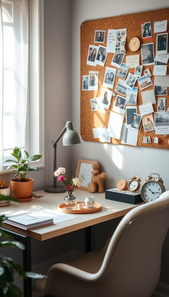 Personalized workspace inspiration journey: a cozy corner desk bathed in soft, natural light, surrounded by a mix of artfully arranged decorative accents. In the foreground, a potted plant, a small vase of fresh flowers, and a stack of inspirational stationery. The middle ground features a stylish desk lamp, a delicate ceramic trinket tray, and a vintage-inspired analog clock. In the background, a cork board showcases a curated collection of polaroid photos, postcards, and motivational quotes, lending a personal touch to the space. The overall atmosphere is one of whimsical, creative productivity, inviting the viewer to envision their own unique workspace transformation.