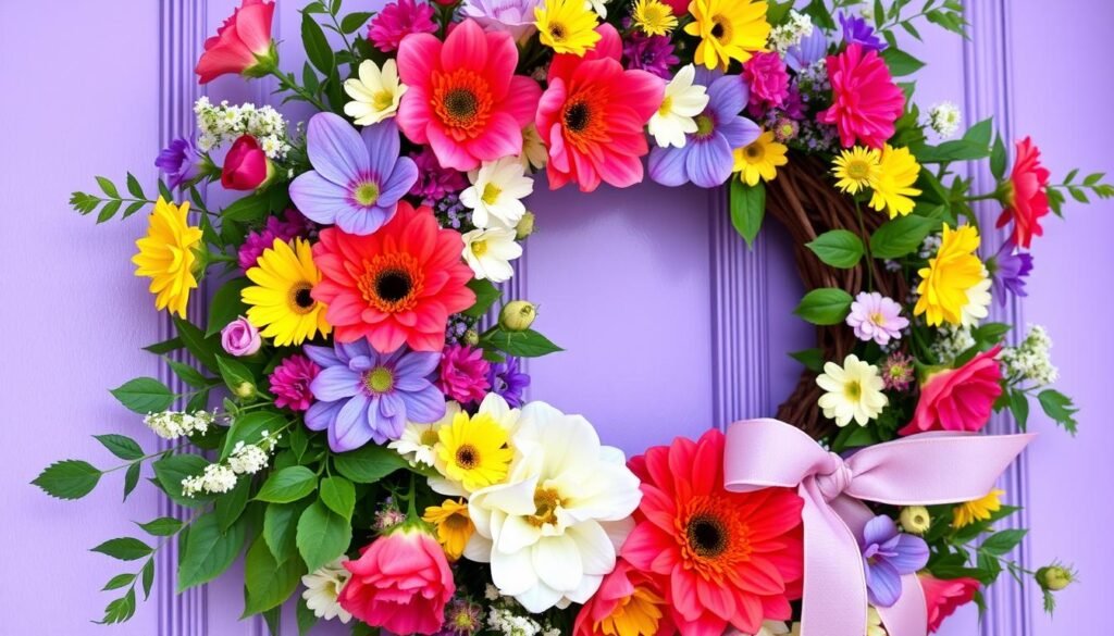 Picture a summer wreath made from flowers, leaves, and ribbons hanging on a front door.