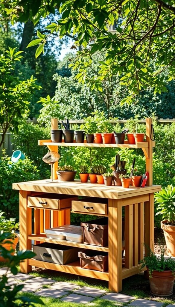 Potting bench with plentiful storage in a sun-dappled outdoor setting. A sturdy wooden workbench with multiple shelves and drawers, perfect for potting plants and organizing gardening tools. The bench is positioned in a lush, verdant backyard, surrounded by flourishing greenery and bathed in soft, natural lighting. Delicate shadows play across the surface, lending an atmosphere of tranquility and productivity. The bench features a spacious work area, complemented by ample storage compartments for seeds, soil, and other gardening essentials. This functional and visually appealing potting station is the centerpiece of a well-designed, serene outdoor space.