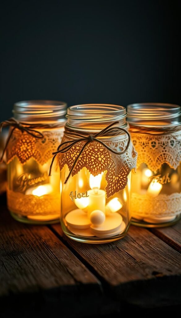 Prompt A close-up shot of three mason jars arranged on a rustic wooden surface, each adorned with delicate lace and wrapped in twine. The jars emit a warm, inviting glow from the soft light within, creating a cozy and atmospheric ambiance. The scene is illuminated by natural lighting, with subtle shadows and highlights accentuating the textures and details of the materials. The overall composition evokes a sense of charming, handmade DIY elegance, perfectly suited for a home decor display.