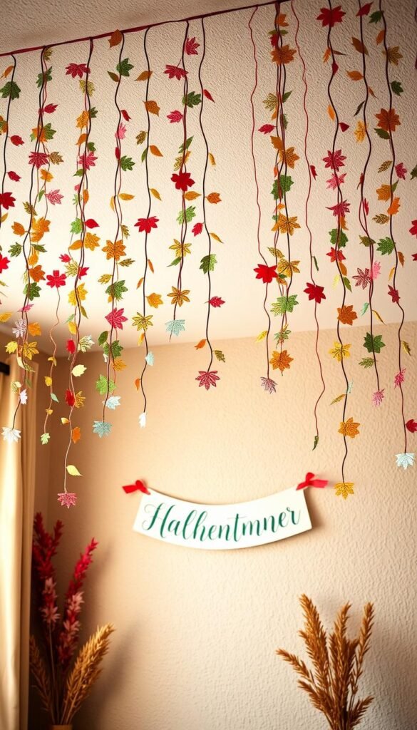 Seasonal paper garlands and bunting, delicately crafted with intricate patterns and vibrant colors, adorn the cozy room. The garlands cascade gracefully from the ceiling, casting a warm, natural glow from the soft, diffused lighting. Playful paper shapes, such as leaves, flowers, and geometric designs, sway gently, creating a festive and whimsical atmosphere. In the middle ground, a well-crafted paper banner hangs proudly, its bold lettering and elegant cursive adding a touch of sophistication. The background features a neutral, textured wall, allowing the vibrant paper decorations to take center stage. The overall scene evokes a sense of joy, creativity, and the enchantment of the changing seasons.