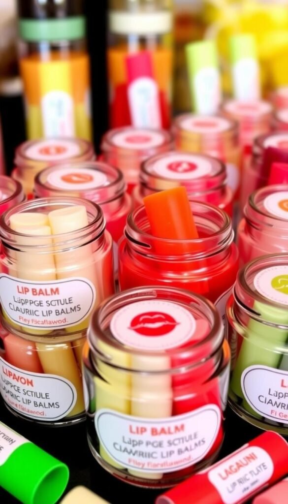 Show a picture of different flavored lip balms in small jars.